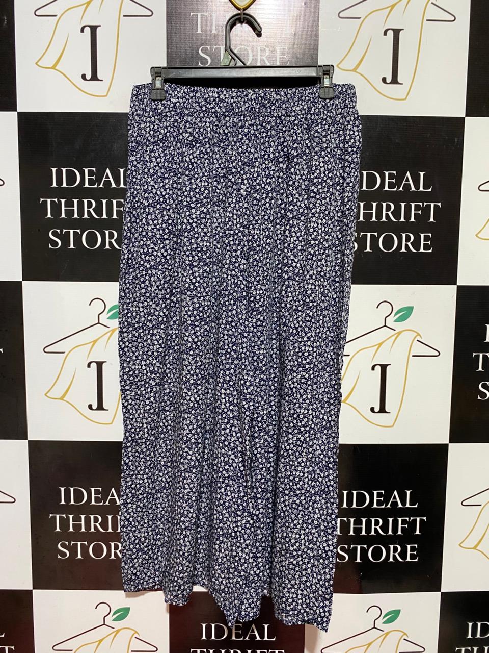 ALLY |L| WAIST 30| B37| NAVY BLUE FLORAL WIDE-LEG PANTS  HIGH-WAISTED SUMMER TROUSERS