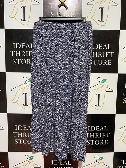 ALLY |L| WAIST 30| B37| NAVY BLUE FLORAL WIDE-LEG PANTS  HIGH-WAISTED SUMMER TROUSERS