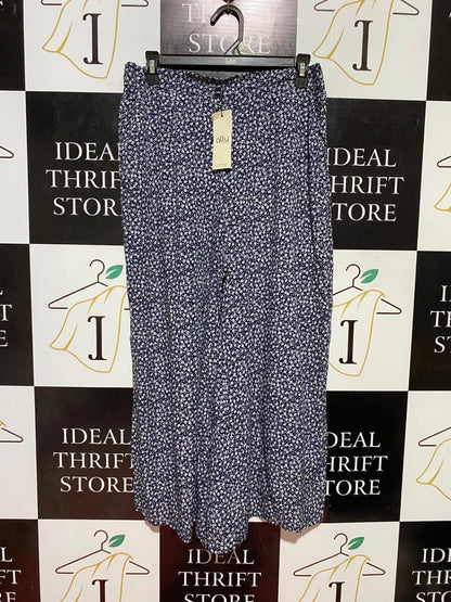 ALLY |L| WAIST 30| B37| NAVY BLUE FLORAL WIDE-LEG PANTS  HIGH-WAISTED SUMMER TROUSERS