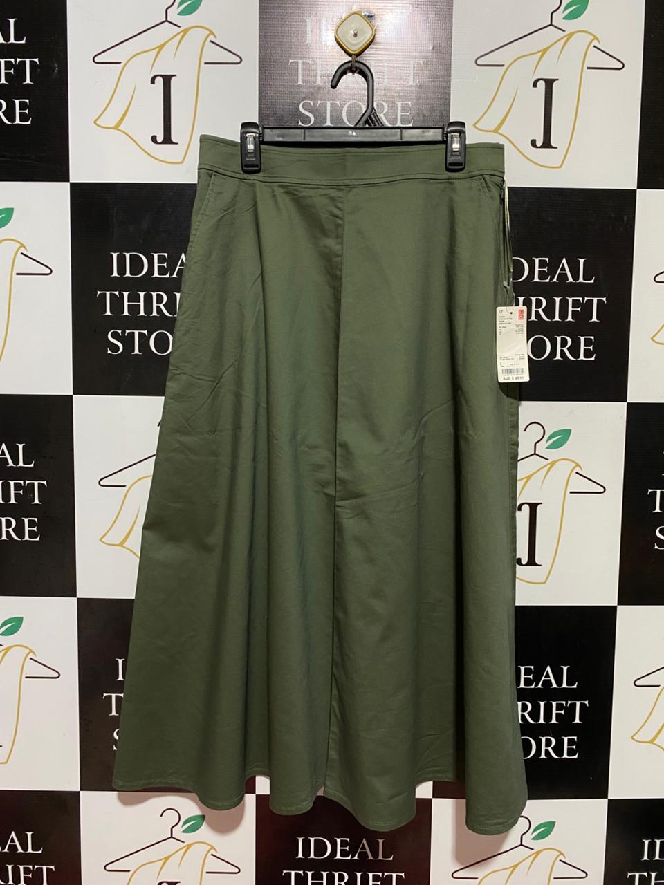 UNIQLO |L| WAIST 32| B37|OLIVE GREEN A-LINE MAXI SKIRT
