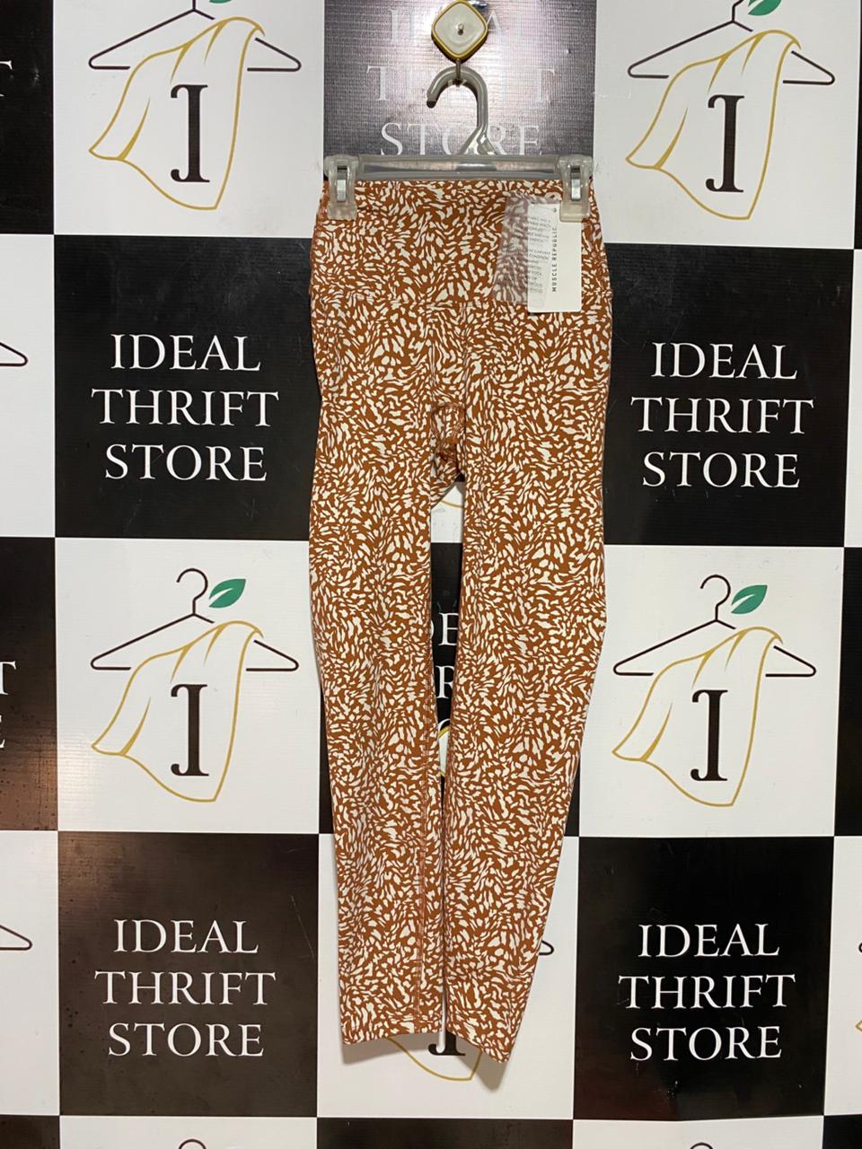 MUSCLE REPUBLIC |XS| WAIST 19| B37| RUST ORANGE PRINTED LEGGINGS - HIGH-WAISTED FULL-LENGTH ATHLETIC PANTS