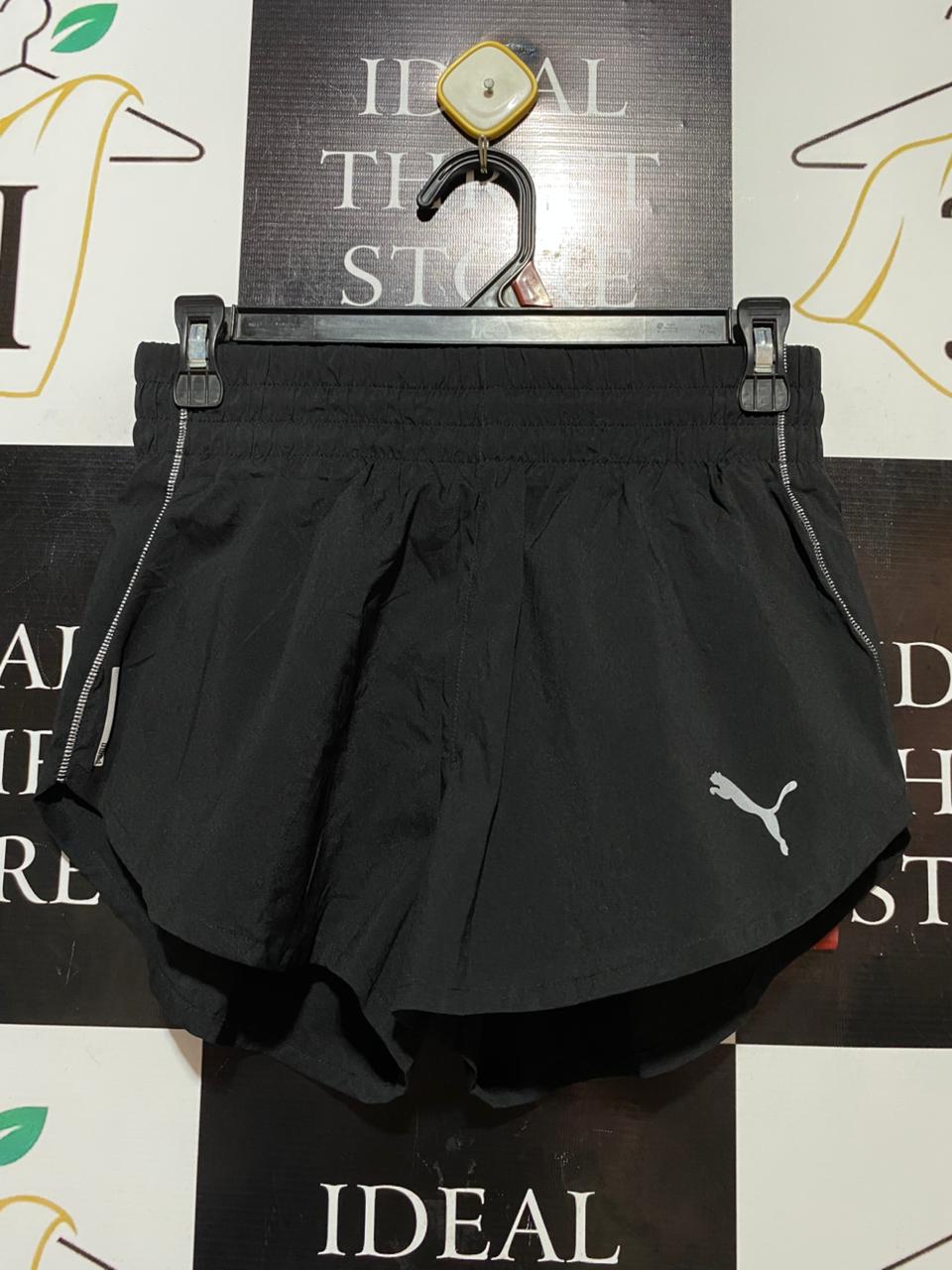 PUMA |S| WAIST 26| B37| BLACK RUNNING SHORTS - HIGH-WAISTED ATHLETIC SHORTS WITH SILVER TRIM