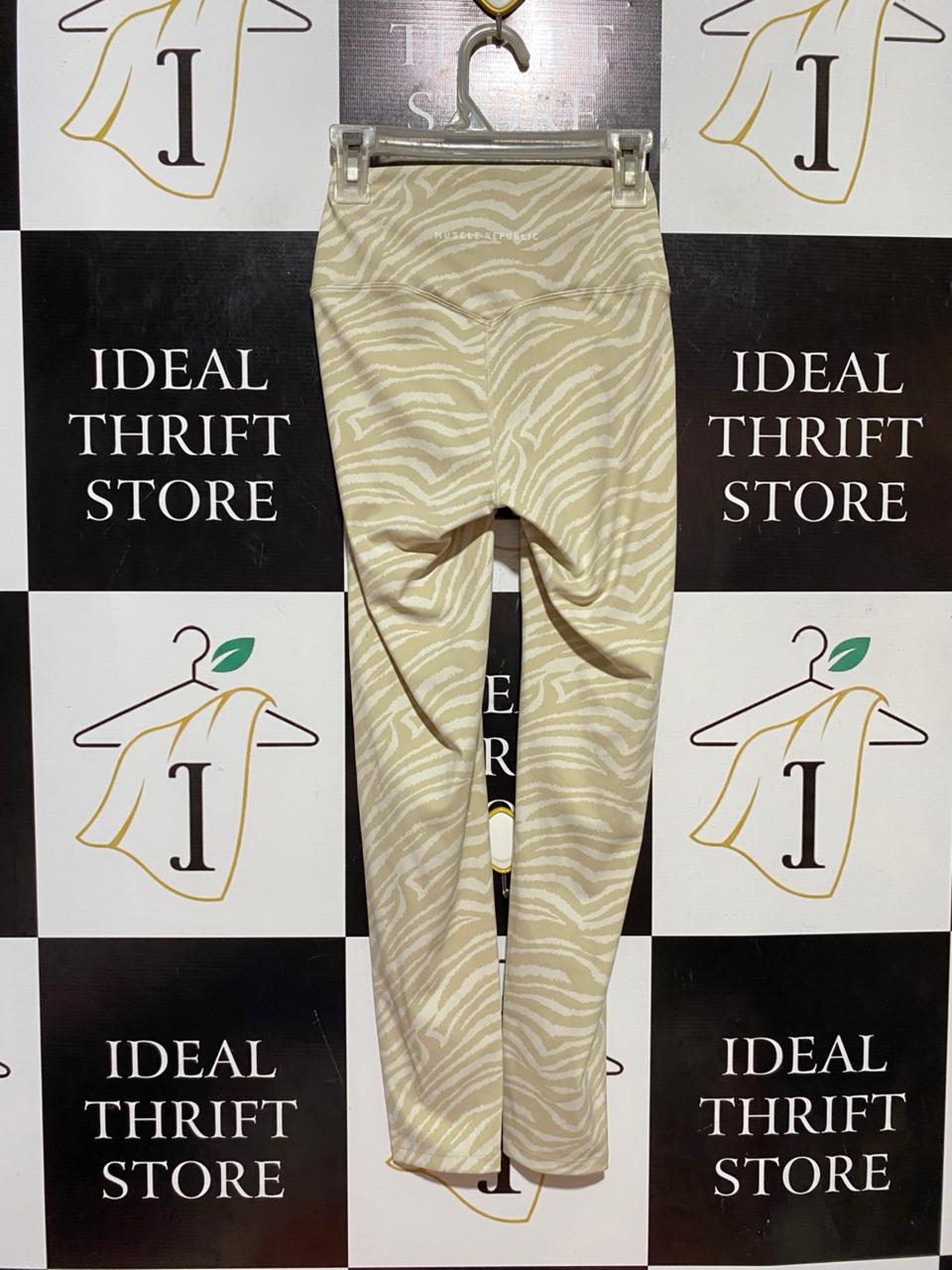 MUSCLE REPUBLIC |XS| WAIST 20 | B37| BEIGE ZEBRA PRINT LEGGINGS - HIGH-WAISTED FULL-LENGTH ATHLETIC PANTS