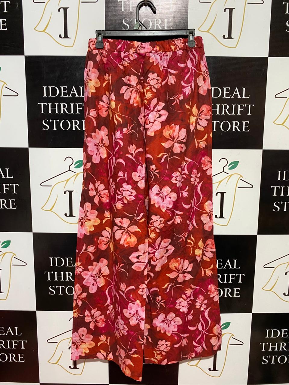 OWNLEY |M| WAIST 28| B37| RED TROPICAL FLORAL WIDE-LEG PANTS - HIGH-WAISTED SUMMER LOUNGE TROUSERS WITH POCKETS