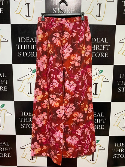 OWNLEY |M| WAIST 28| B37| RED TROPICAL FLORAL WIDE-LEG PANTS - HIGH-WAISTED SUMMER LOUNGE TROUSERS WITH POCKETS