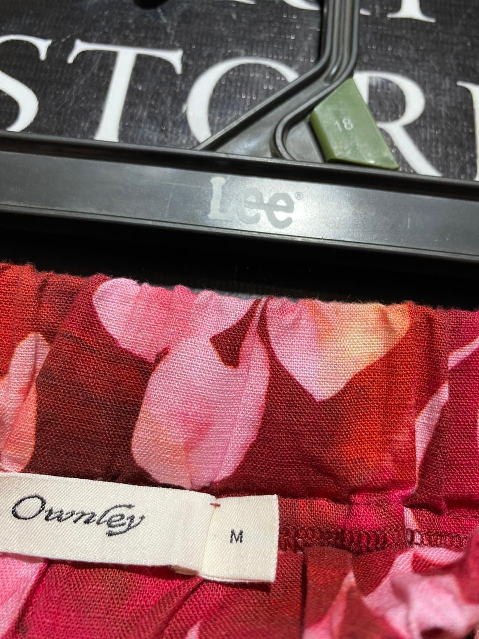 OWNLEY |M| WAIST 28| B37| RED TROPICAL FLORAL WIDE-LEG PANTS - HIGH-WAISTED SUMMER LOUNGE TROUSERS WITH POCKETS
