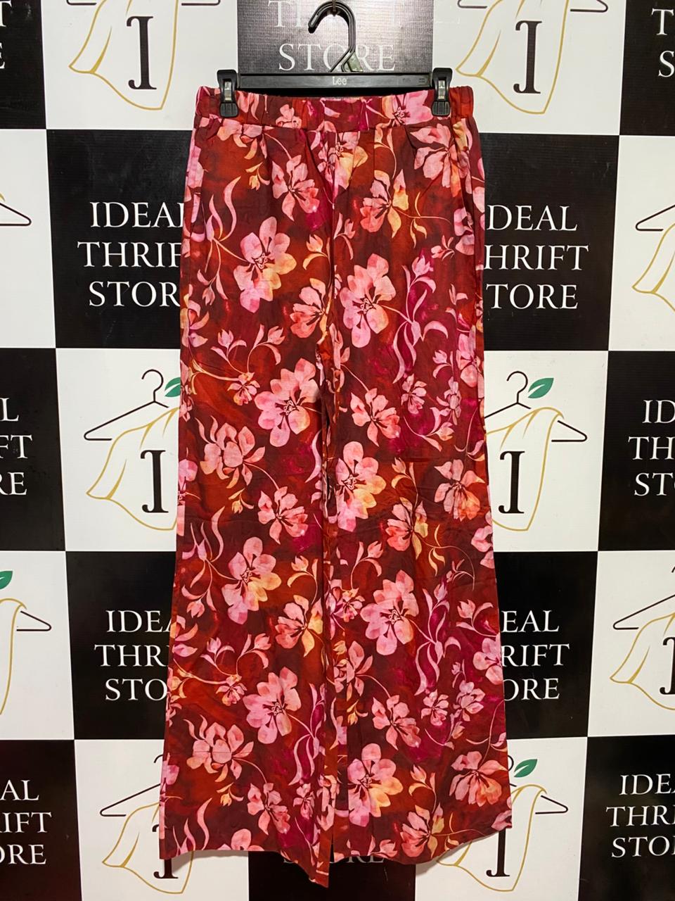 OWNLEY |M| WAIST 28| B37| RED TROPICAL FLORAL WIDE-LEG PANTS - HIGH-WAISTED SUMMER LOUNGE TROUSERS WITH POCKETS