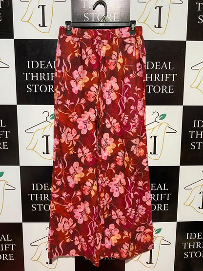 OWNLEY |M| WAIST 28| B37| RED TROPICAL FLORAL WIDE-LEG PANTS - HIGH-WAISTED SUMMER LOUNGE TROUSERS WITH POCKETS