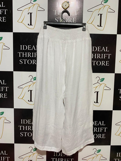 CIRCLE OF FRIENDS |M| WAIST 28| B37| PURE WHITE WIDE-LEG LINEN-LOOK PANTS - HIGH-WAISTED SMOCKED SUMMER CULOTTES WITH SIDE SLITS