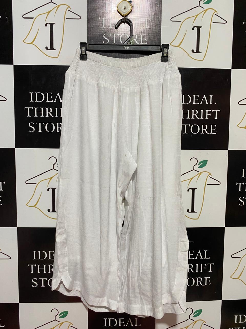 CIRCLE OF FRIENDS |M| WAIST 28| B37| PURE WHITE WIDE-LEG LINEN-LOOK PANTS - HIGH-WAISTED SMOCKED SUMMER CULOTTES WITH SIDE SLITS