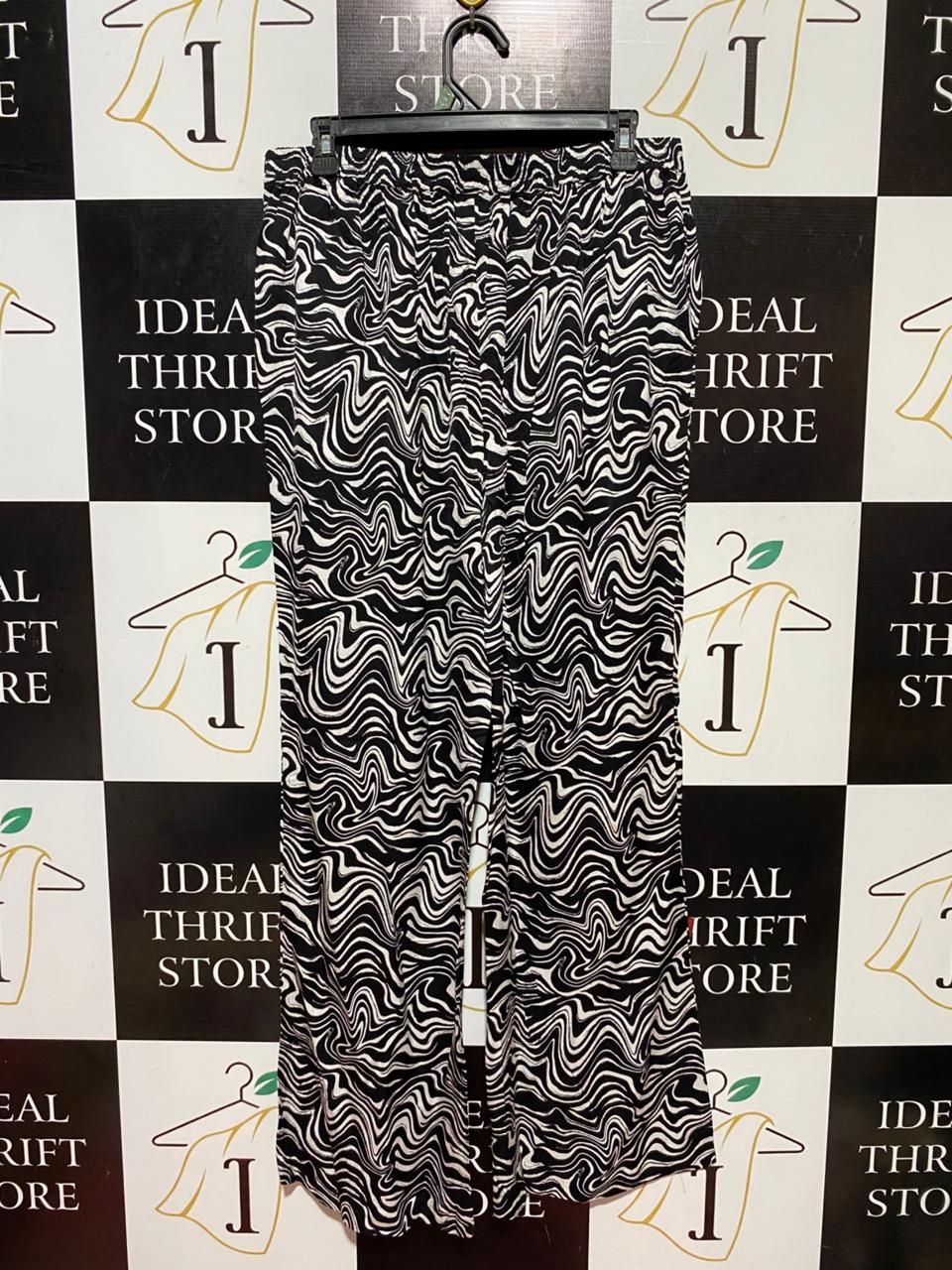 DECJUBA |M| WAIST 32| B37| BLACK AND WHITE SWIRL PRINT WIDE-LEG PANTS - HIGH-WAISTED PSYCHEDELIC STATEMENT TROUSERS