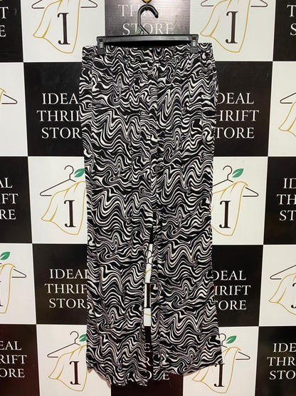 DECJUBA |M| WAIST 32| B37| BLACK AND WHITE SWIRL PRINT WIDE-LEG PANTS - HIGH-WAISTED PSYCHEDELIC STATEMENT TROUSERS