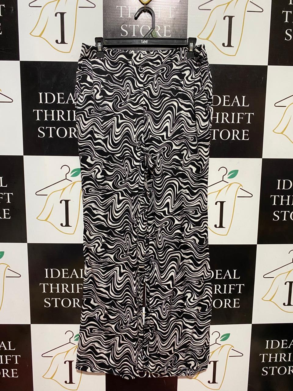 DECJUBA |M| WAIST 32| B37| BLACK AND WHITE SWIRL PRINT WIDE-LEG PANTS - HIGH-WAISTED PSYCHEDELIC STATEMENT TROUSERS