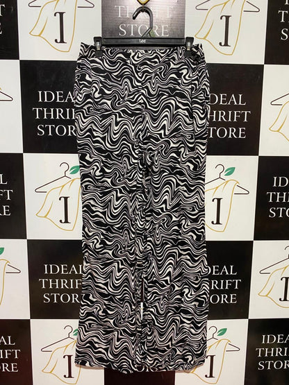 DECJUBA |M| WAIST 32| B37| BLACK AND WHITE SWIRL PRINT WIDE-LEG PANTS - HIGH-WAISTED PSYCHEDELIC STATEMENT TROUSERS
