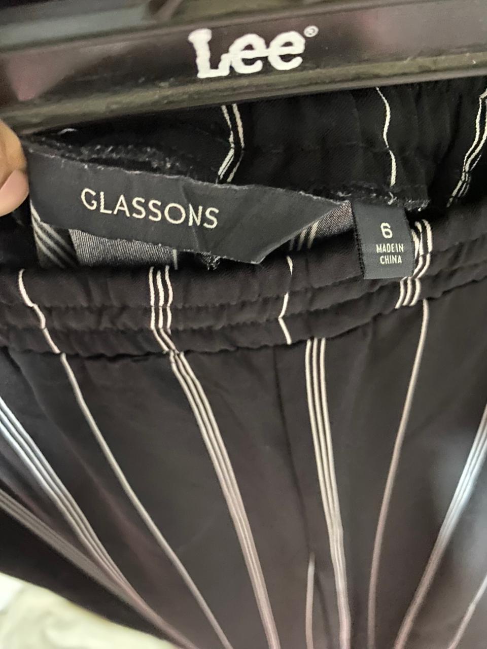 GLASSONS |S| WAIST 27| B37| BLACK AND WHITE PINSTRIPE WIDE-LEG PANTS - HIGH-WAISTED ELASTIC BAND LOUNGE TROUSERS WITH POCKETS