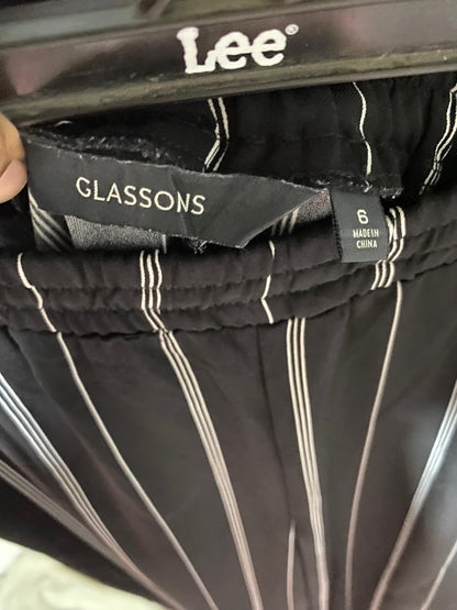 GLASSONS |S| WAIST 27| B37| BLACK AND WHITE PINSTRIPE WIDE-LEG PANTS - HIGH-WAISTED ELASTIC BAND LOUNGE TROUSERS WITH POCKETS