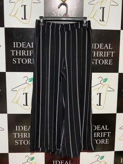 GLASSONS |S| WAIST 27| B37| BLACK AND WHITE PINSTRIPE WIDE-LEG PANTS - HIGH-WAISTED ELASTIC BAND LOUNGE TROUSERS WITH POCKETS