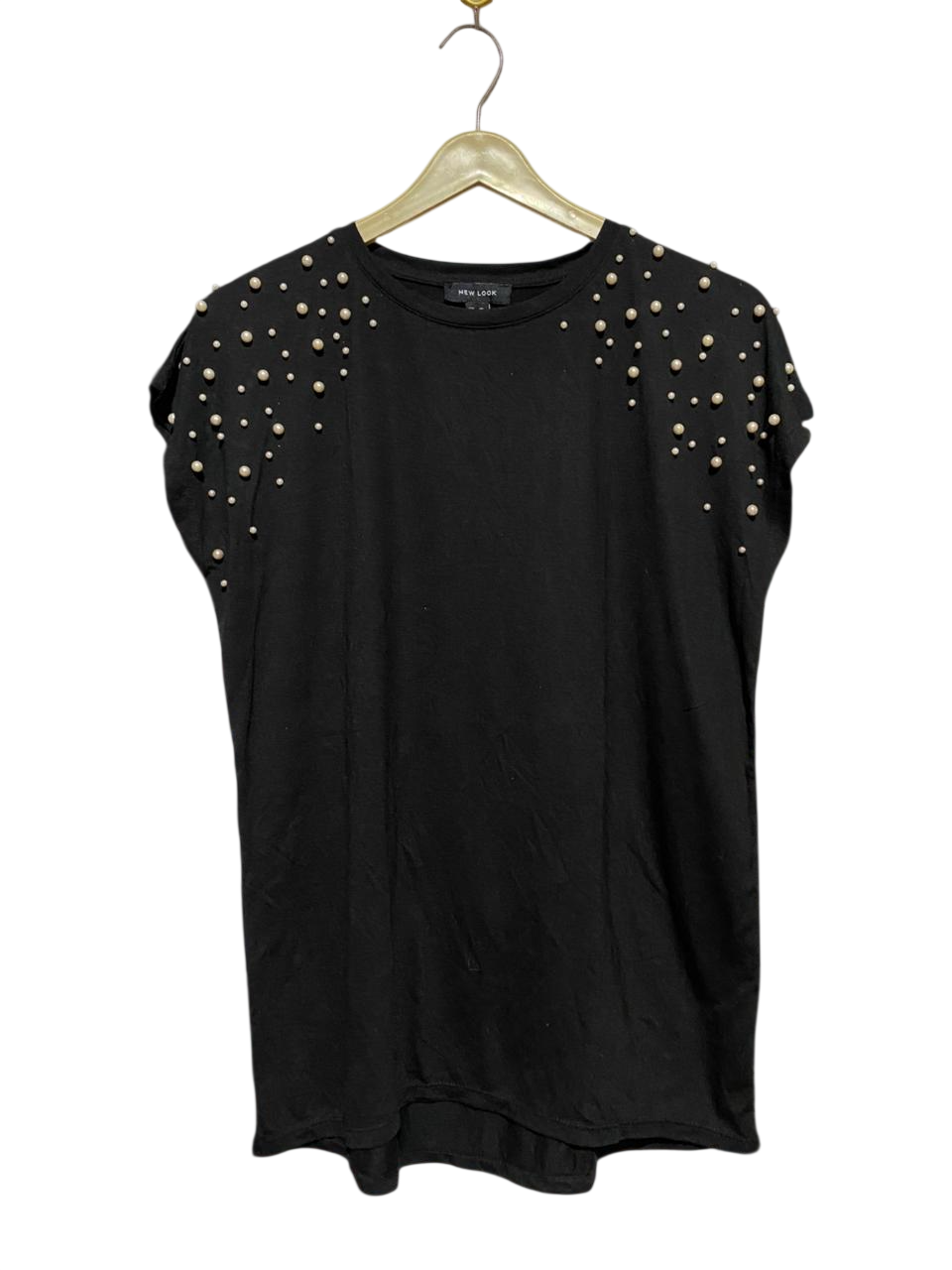 NEW LOOK |L| BUST 21| B38| BLACK PEARL EMBELLISHED TOP - CHIC CAP SLEEVE ROUND NECK CASUAL BLOUSE TEE