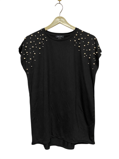 NEW LOOK |L| BUST 21| B38| BLACK PEARL EMBELLISHED TOP - CHIC CAP SLEEVE ROUND NECK CASUAL BLOUSE TEE