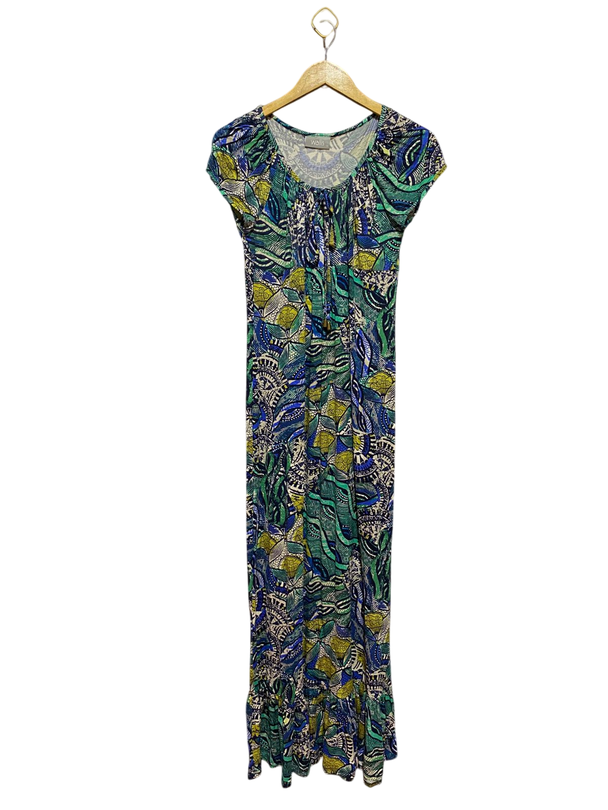 WALLIS |S| BUST 16| B38| BLUE AND GREEN SHORT SLEEVE SUMMER SUN_DRESS WITH FRONT TIE