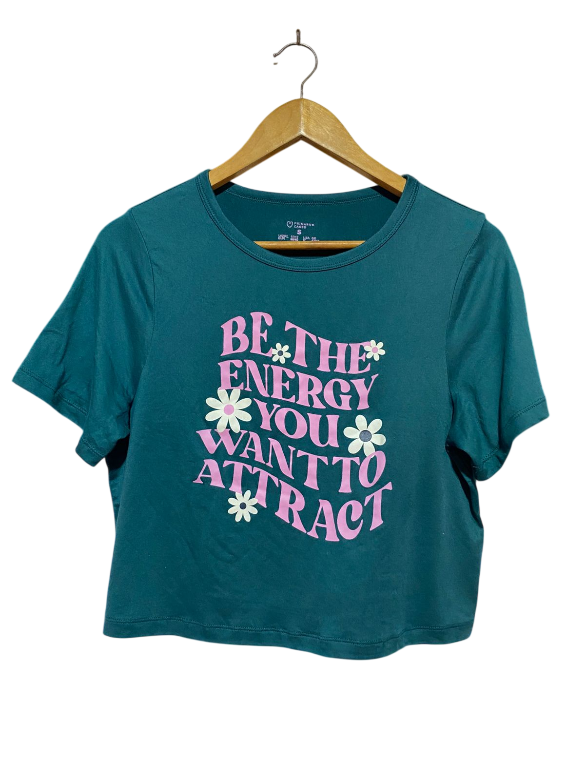 PRIMARK CARES |S| BUST 19| B38| DARK TEAL GRAPHIC CROP T-SHIRT
