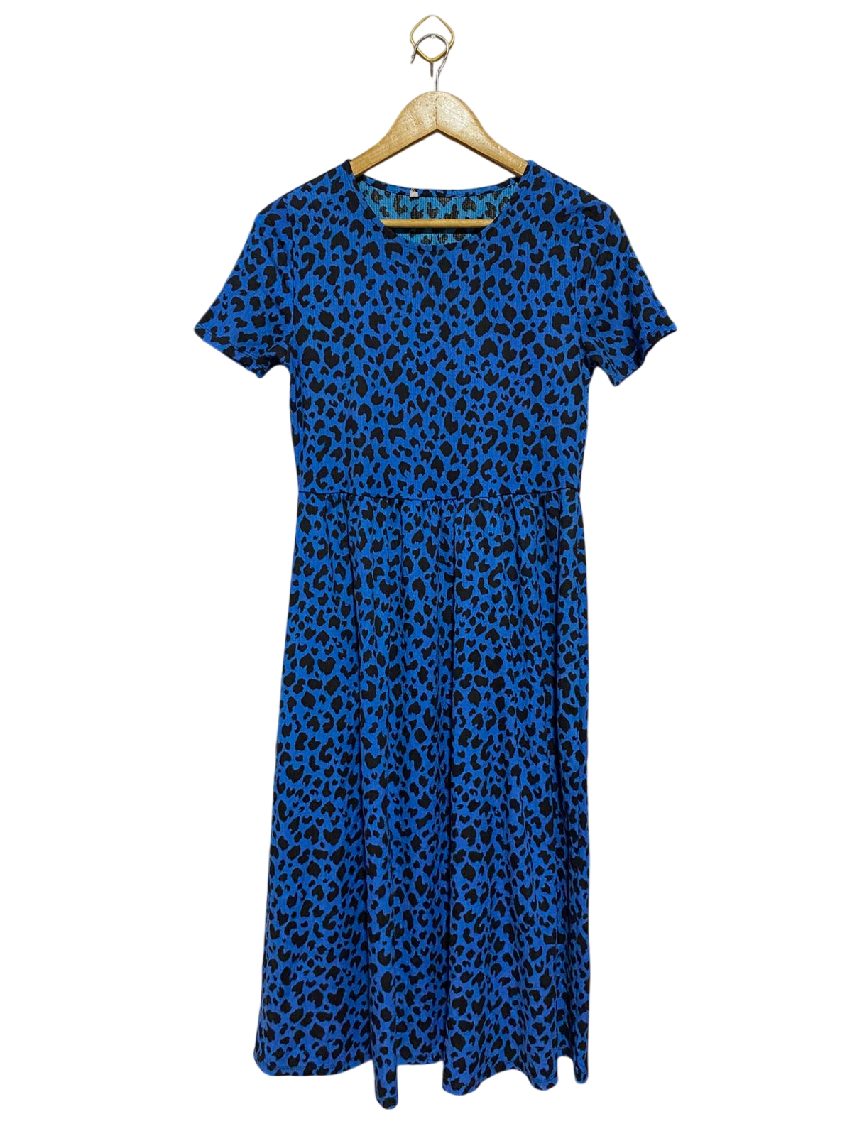 TU |M| BUST 16| B38| VIBRANT BLUE LEOPARD PRINT MIDI DRESS - CASUAL SHORT SLEEVE CREW NECK A-LINE DRESS