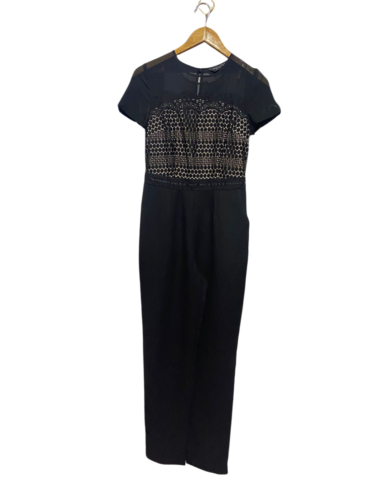 DOROTHY PERKINS |S| BUST 14| B38| ELEGANT BLACK JUMPSUIT WITH CROCHET LACE BODICE - SHORT SLEEVE SHEER DETAIL EVENINGWEAR