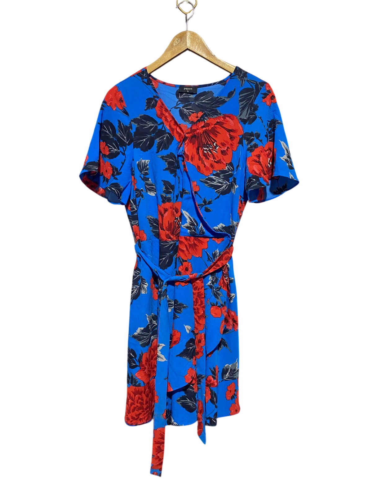 PAPAYA |M| BUST 18| B38| BLUE FLORAL WRAP DRESS - V-NECK SHORT SLEEVE SUMMER CASUAL DRESS WITH BELT