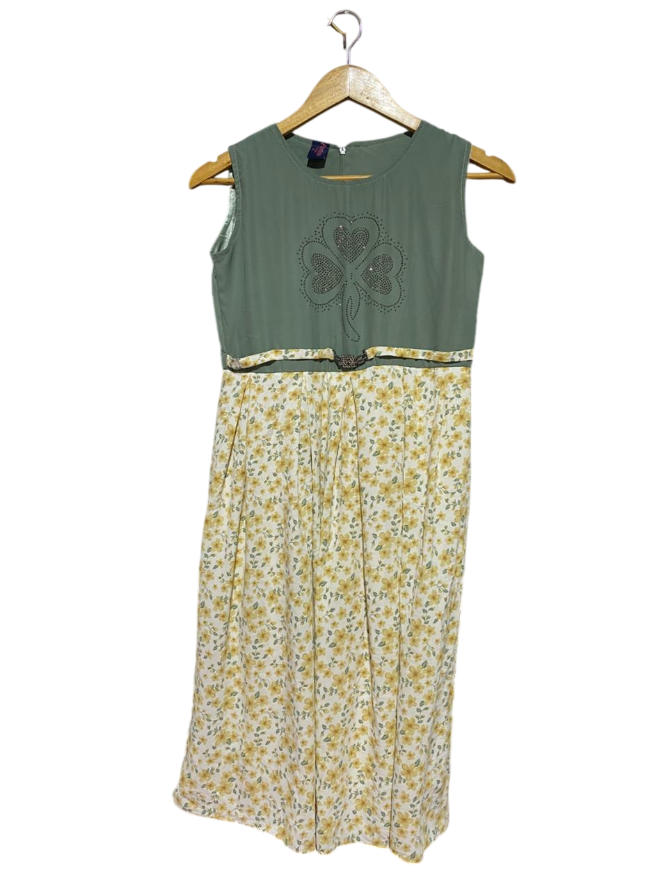 PEERLESS |M| BUST 17| B38| SAGE GREEN AND YELLOW FLORAL TWO-TONE MIDI DRESS