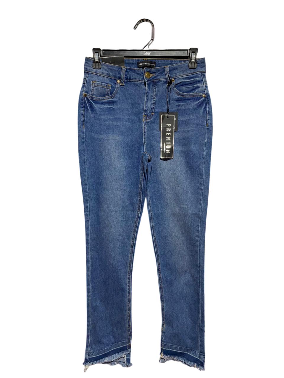 CROSS ROADS |M| WAIST 27| B38| PREMIUM HIGH-WAISTED BLUE JEANS WITH DISTRESSED FRINGE HEMLINE