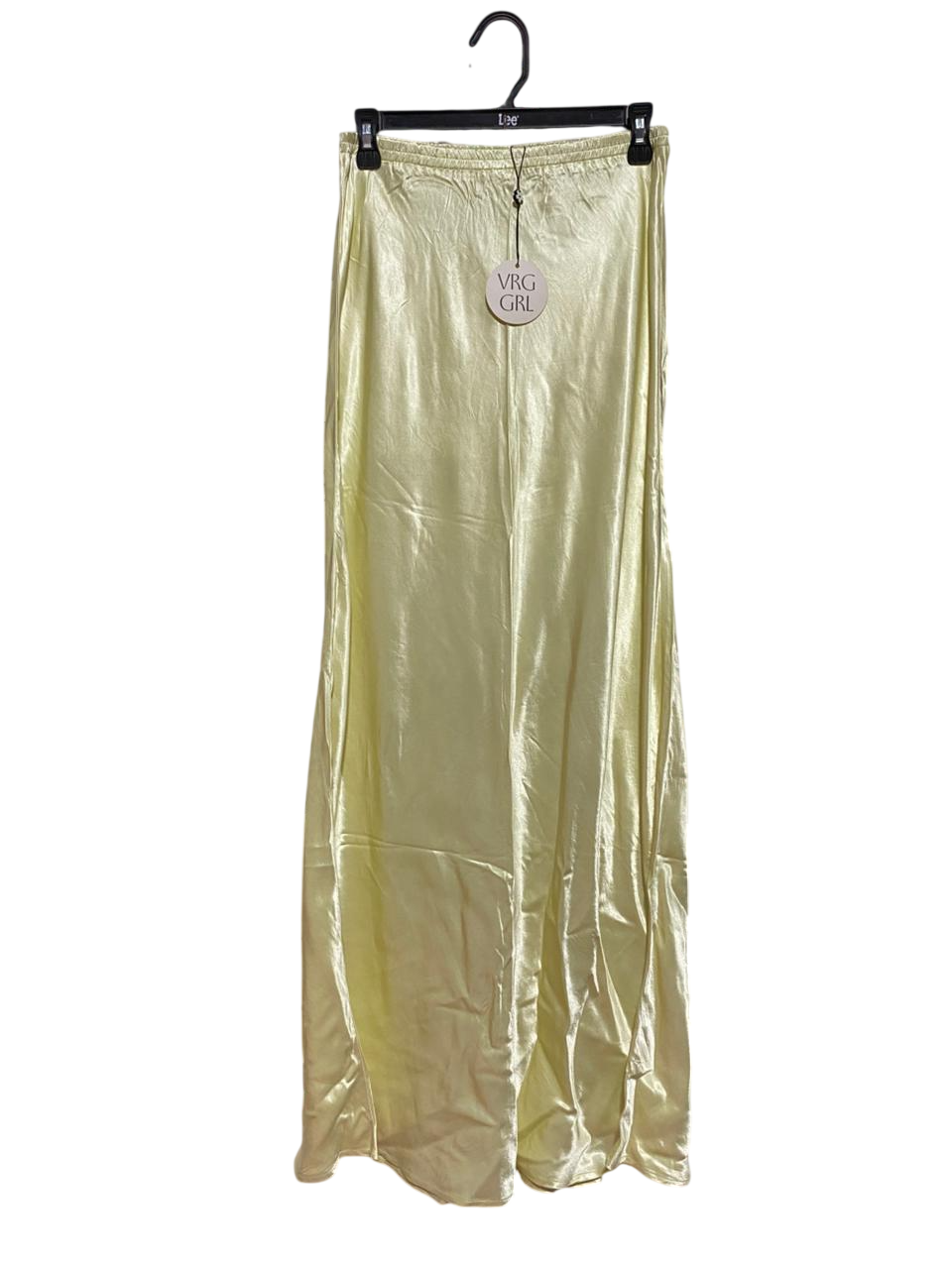 VRG GRL |M| WAIST 27| B38| LUXE SHIMMERING LIME CHAMPAGNE SATIN MAXI SKIRT