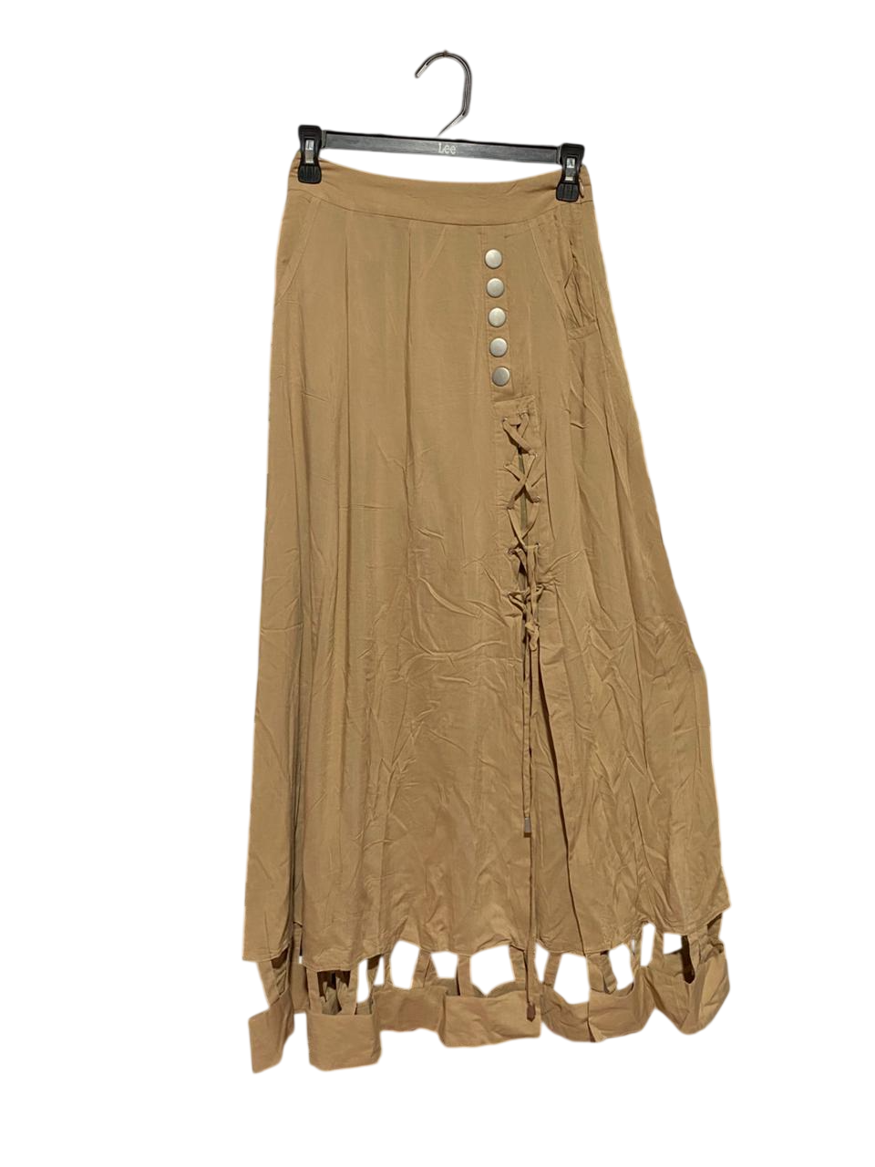 MISS UNKON |XS| WAIST 24| B38| ELEGANT BEIGE MAXI SKIRT WITH SIDE BUTTONS AND LACE-UP CUTOUT HEMLINE