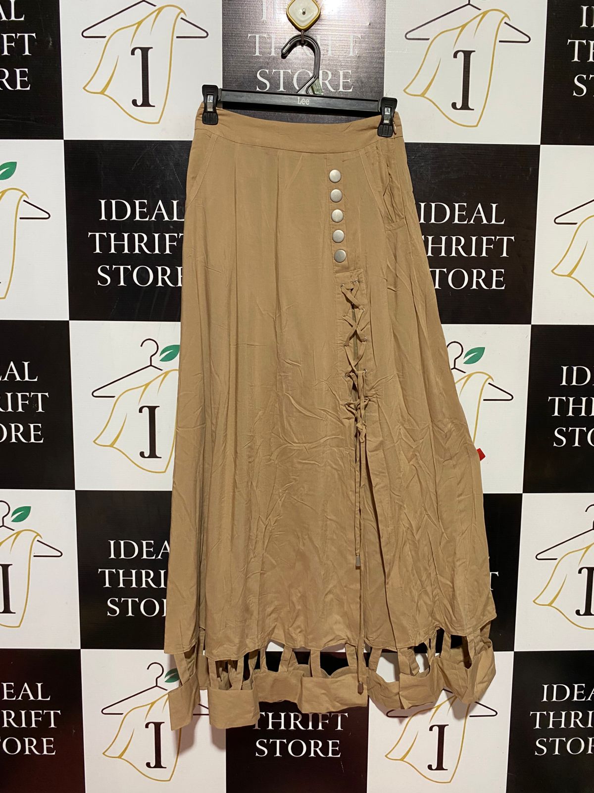 MISS UNKON |XS| WAIST 24| B38| ELEGANT BEIGE MAXI SKIRT WITH SIDE BUTTONS AND LACE-UP CUTOUT HEMLINE
