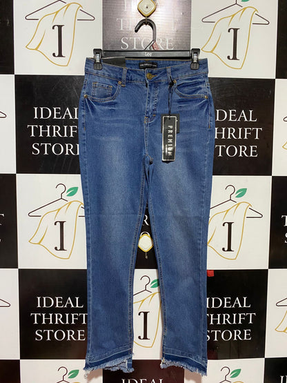 CROSS ROADS |M| WAIST 27| B38| PREMIUM HIGH-WAISTED BLUE JEANS WITH DISTRESSED FRINGE HEMLINE
