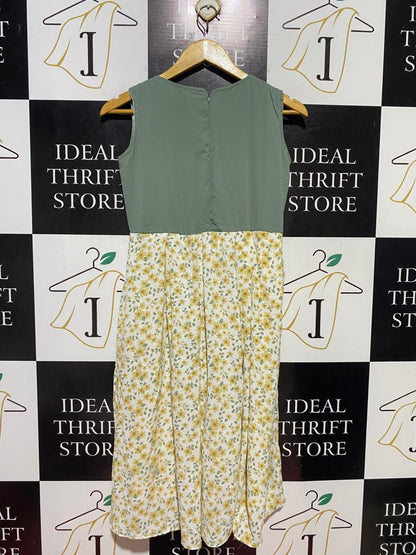 PEERLESS |M| BUST 17| B38| SAGE GREEN AND YELLOW FLORAL TWO-TONE MIDI DRESS