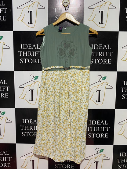 PEERLESS |M| BUST 17| B38| SAGE GREEN AND YELLOW FLORAL TWO-TONE MIDI DRESS