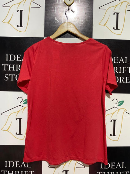 LOVE TEES |M| BUST 20| B38| RED EMBELLISHED NECKLINE T-SHIRT