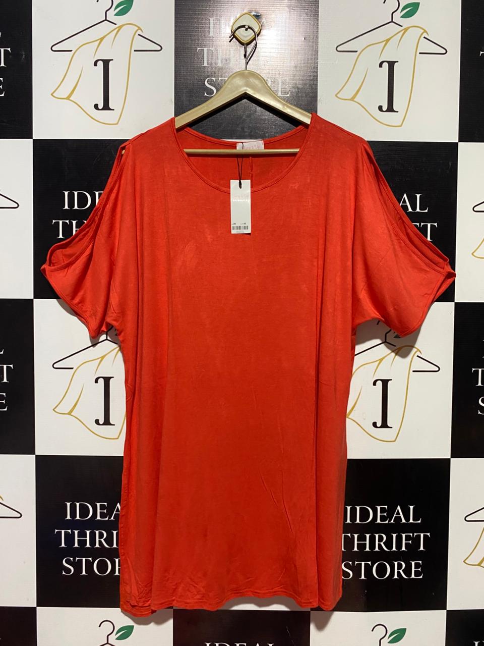 BUMP IT UP |M| BUST FREE| B38| VIBRANT CORAL RED COLD-SHOULDER TUNIC TOP