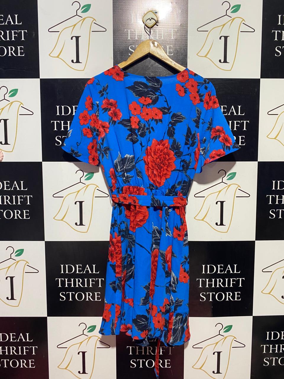 PAPAYA |M| BUST 18| B38| BLUE FLORAL WRAP DRESS - V-NECK SHORT SLEEVE SUMMER CASUAL DRESS WITH BELT