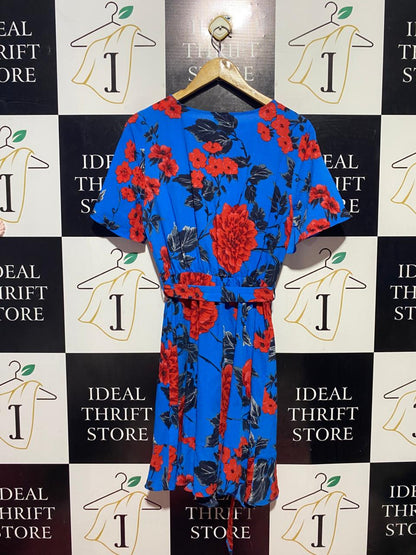 PAPAYA |M| BUST 18| B38| BLUE FLORAL WRAP DRESS - V-NECK SHORT SLEEVE SUMMER CASUAL DRESS WITH BELT