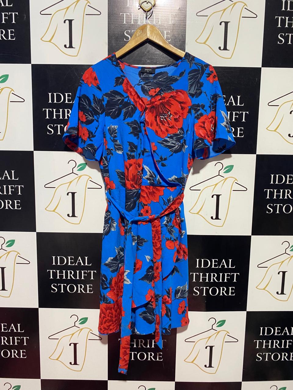 PAPAYA |M| BUST 18| B38| BLUE FLORAL WRAP DRESS - V-NECK SHORT SLEEVE SUMMER CASUAL DRESS WITH BELT