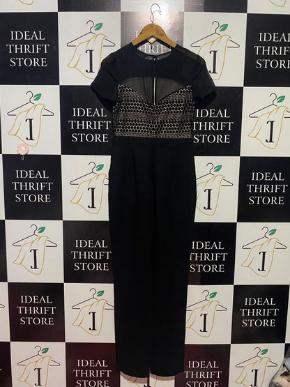 DOROTHY PERKINS |S| BUST 14| B38| ELEGANT BLACK JUMPSUIT WITH CROCHET LACE BODICE - SHORT SLEEVE SHEER DETAIL EVENINGWEAR