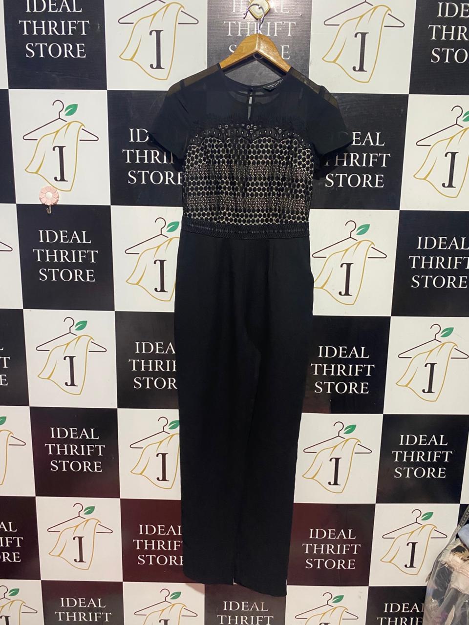 DOROTHY PERKINS |S| BUST 14| B38| ELEGANT BLACK JUMPSUIT WITH CROCHET LACE BODICE - SHORT SLEEVE SHEER DETAIL EVENINGWEAR