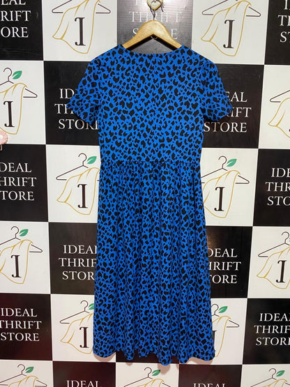 TU |M| BUST 16| B38| VIBRANT BLUE LEOPARD PRINT MIDI DRESS - CASUAL SHORT SLEEVE CREW NECK A-LINE DRESS