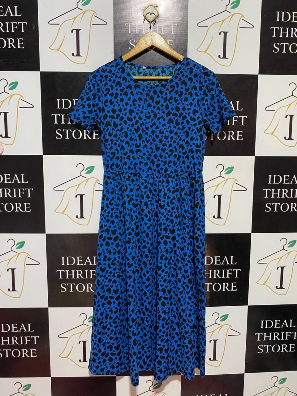 TU |M| BUST 16| B38| VIBRANT BLUE LEOPARD PRINT MIDI DRESS - CASUAL SHORT SLEEVE CREW NECK A-LINE DRESS