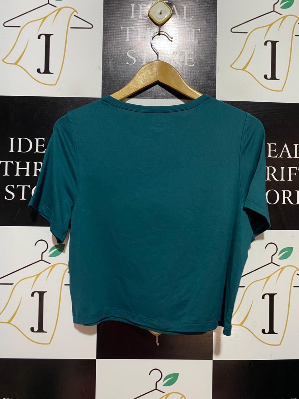 PRIMARK CARES |S| BUST 19| B38| DARK TEAL GRAPHIC CROP T-SHIRT