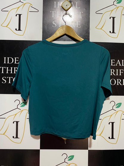 PRIMARK CARES |S| BUST 19| B38| DARK TEAL GRAPHIC CROP T-SHIRT