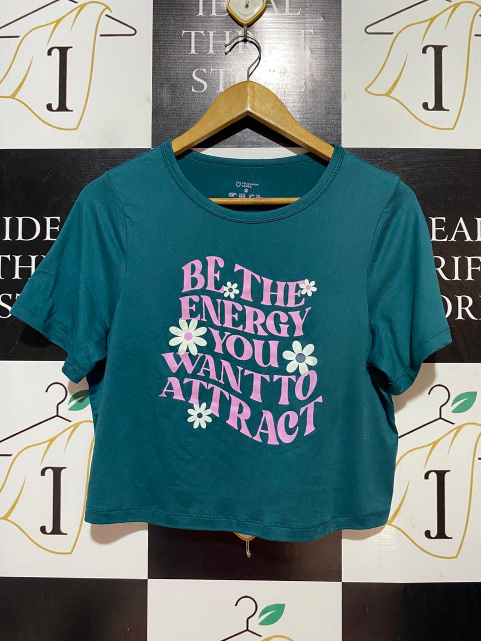 PRIMARK CARES |S| BUST 19| B38| DARK TEAL GRAPHIC CROP T-SHIRT