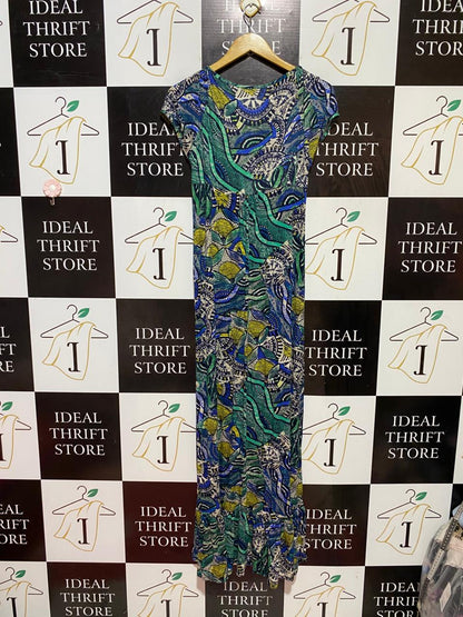 WALLIS |S| BUST 16| B38| BLUE AND GREEN SHORT SLEEVE SUMMER SUN_DRESS WITH FRONT TIE