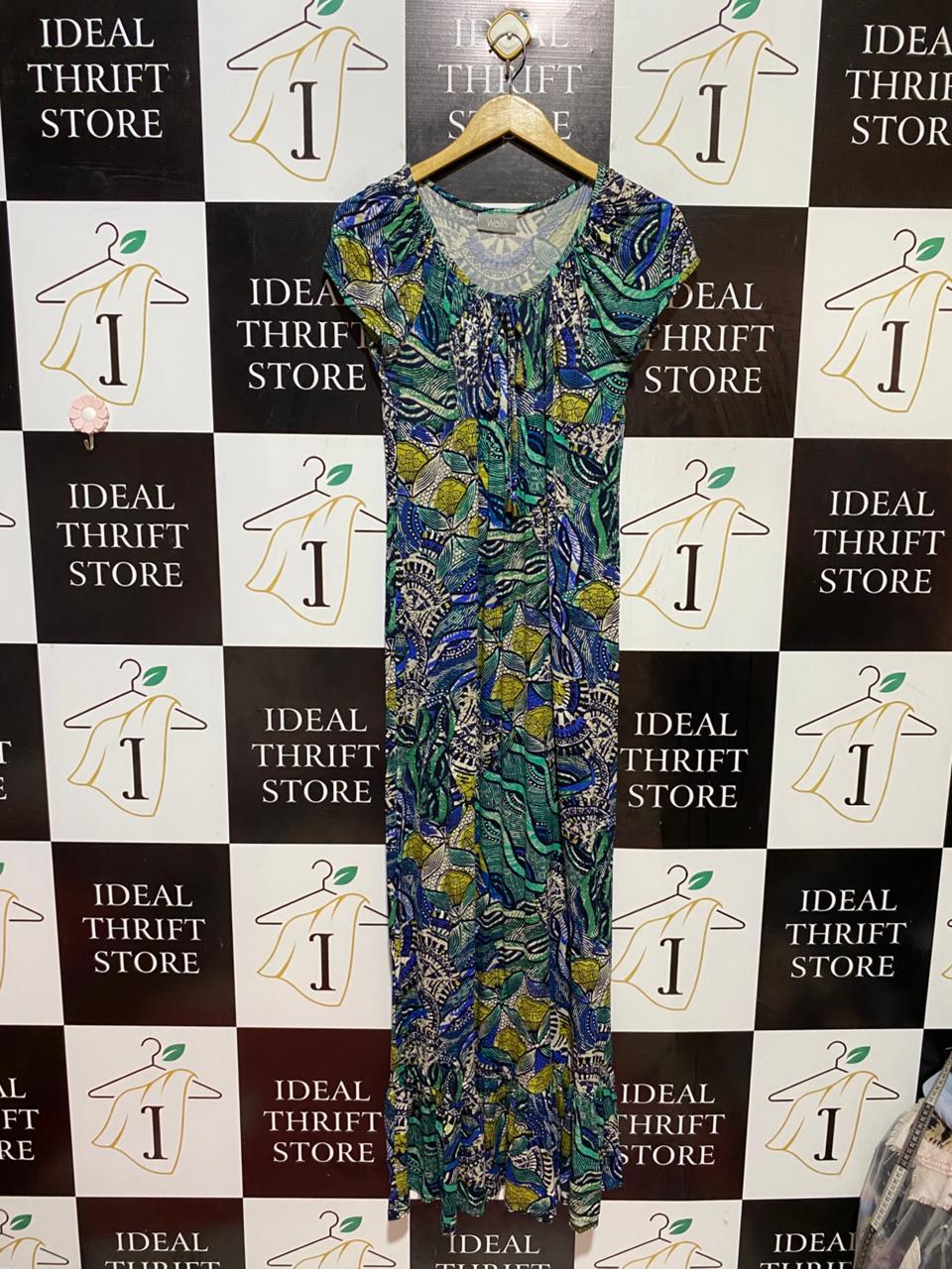 WALLIS |S| BUST 16| B38| BLUE AND GREEN SHORT SLEEVE SUMMER SUN_DRESS WITH FRONT TIE